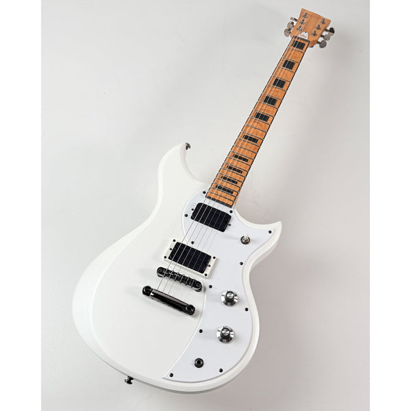 Cyclops DE - Matte Pearl White Flame Neck — white pearl on body, natural neck and headstock